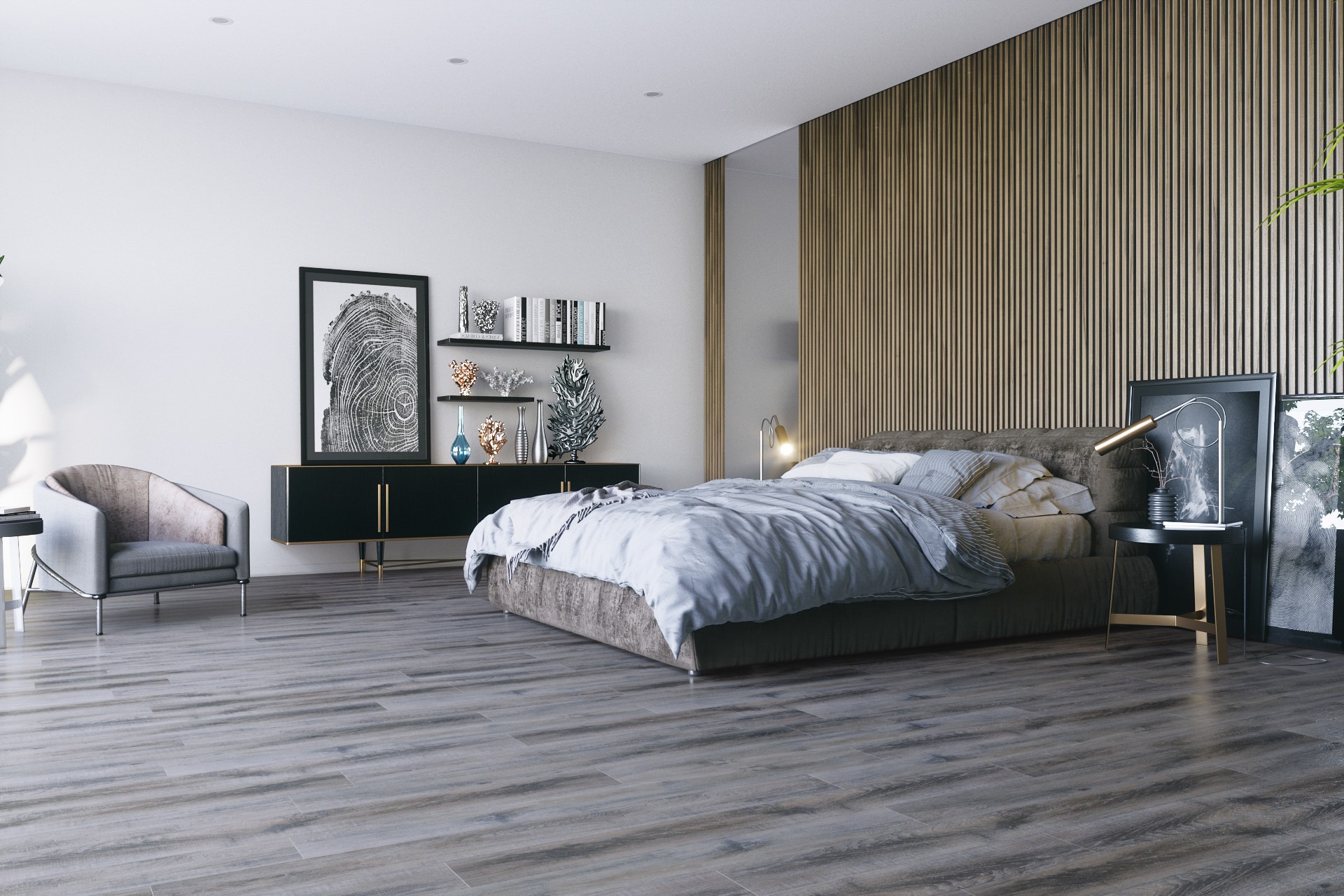 Кварцвиниловый SPC ламинат Fargo Comfort Дуб Дакота 366-1 1220×180×4 фото в интерьере